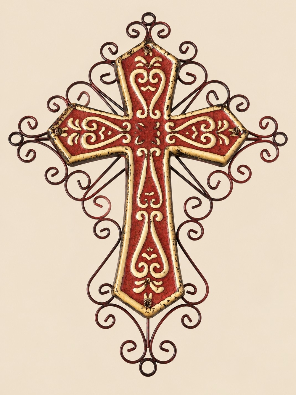 Ornate Red Cream Wall Cross Metal Scrollwork Tuscan Mediterranean 14"